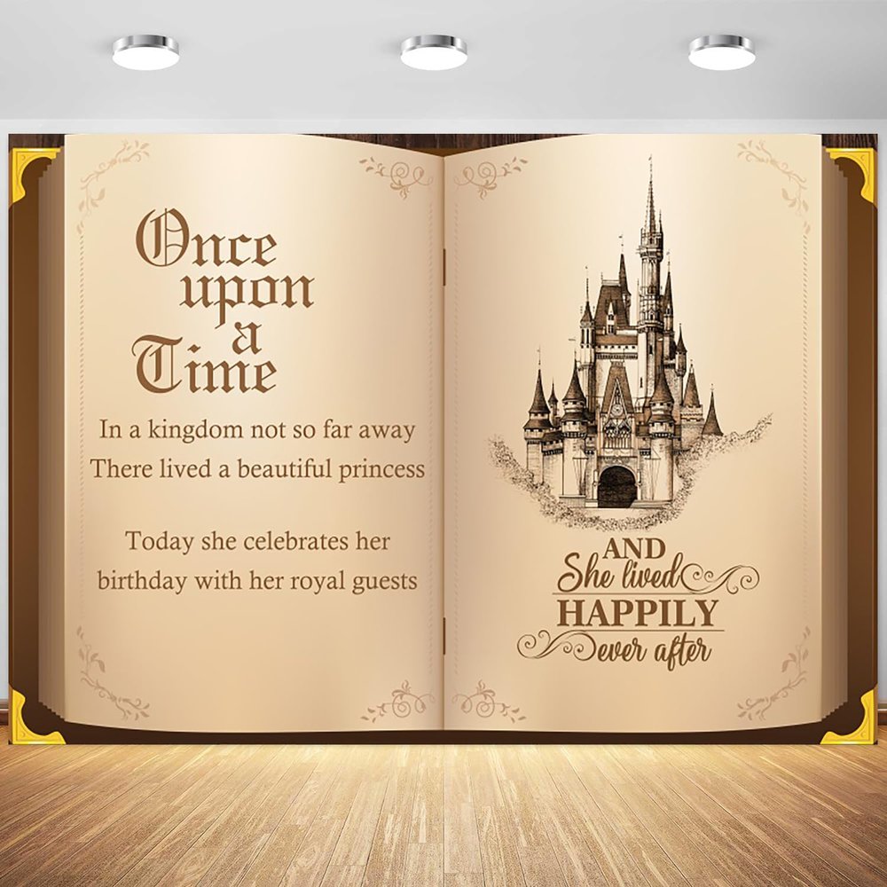 12x8ft Once Upon a Time Backdrop Fairtale Book Castle Princess Birthday Photography Background Girls Happy Birthday Party Banner Decorations Supplies Photo Booth Props