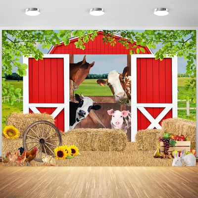 12x8ft Farm Barn Backdrop Farm Animals Rustic Red Barn House Photography Background Kids Birthday Baby Shower Party Banner Decorations Supplies Photo Booth Props
