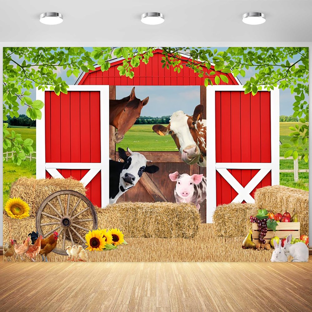 12x8ft Farm Barn Backdrop Farm Animals Rustic Red Barn House Photography Background Kids Birthday Baby Shower Party Banner Decorations Supplies Photo Booth Props
