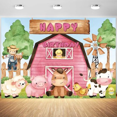 12x8ft Farm Backdrop Cartoon Animals Pink Barn Birthday Photography Background Kids Farm Girl Happy Birthday Party Cake Table Banner Decorations Supplies Photo Booth Props