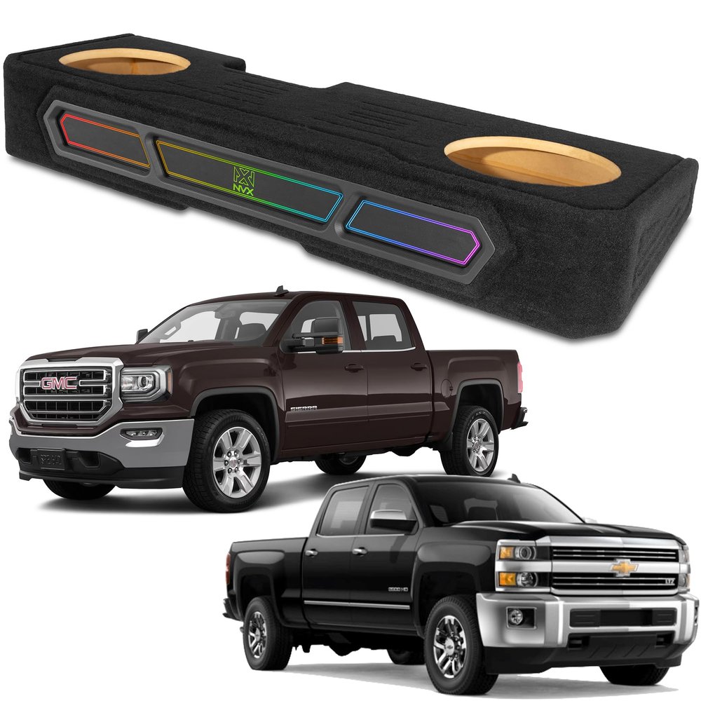 NVX Boost Box Custom fit Dual 12" Under-seat Sealed Unloaded Subwoofer Enclosure with LED Lighting for 2008-2018 Chevrolet Silverado and GMC Sierra Crew Cab Trucks (BE-GM-08SLVCC-S212)