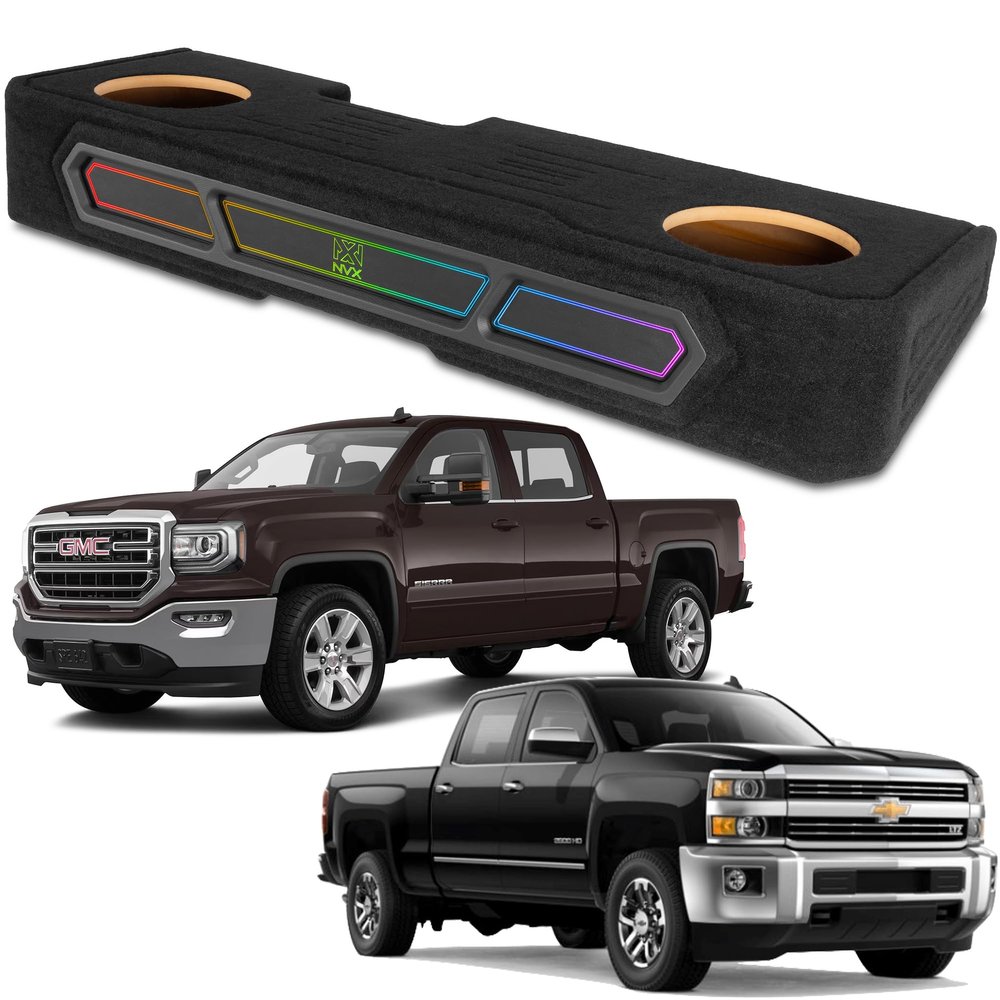 NVX Boost Box Custom fit Dual 10" Under-seat Ported Unloaded Subwoofer Enclosure with LED Lighting for 2008-2018 Chevrolet Silverado and GMC Sierra Crew Cab Trucks (BE-GM-08SLVCC-P210)