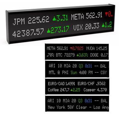Quotron Classic Delivering Real Time Stock, All Major League Sports, Crypto, Forex, Commodities, Weather. Dual Line Streaming. Industry Highest Resolution Stream on P3 LED.