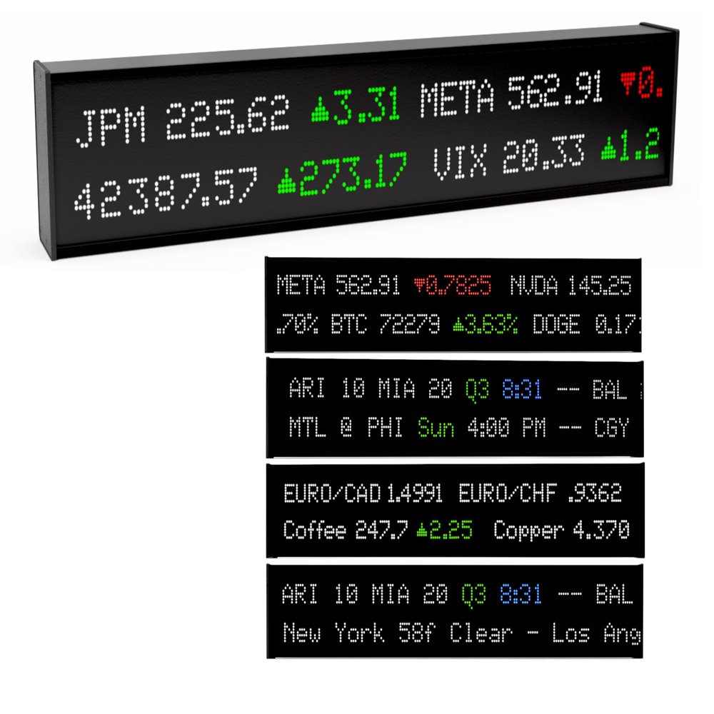Quotron Classic Delivering Real Time Stock, All Major League Sports, Crypto, Forex, Commodities, Weather. Dual Line Streaming. Industry Highest Resolution Stream on P3 LED.