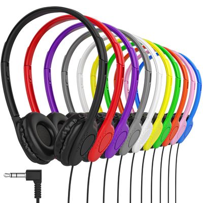 Maeline Bulk Headphones On-Ear Wired Headphones Adjustable Headband with Soft Faux Leather Cushions for School Classrooms, Libraries, Travel - 3.5mm Plug - 10 Pack - Multicolor