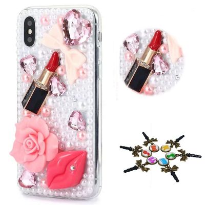 STENES Sparkle Case Compatible with T-Mobile REVVL 6X 5G Case - Stylish - 3D Handmade Bling Girls Lipstick Rose Lips Rhinestone Crystal Diamond Design Girls Women Cover - Pink