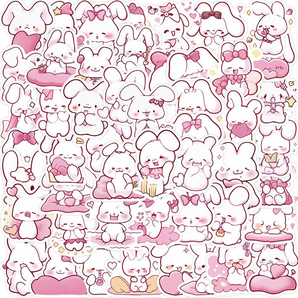 Kawaii Pink Bunny Stickers - 50pcs Waterproof Vinyl Stickers for Kids, Girls & Home Decor - Rabbit Aesthetic Stickers Bulk, Party Pack