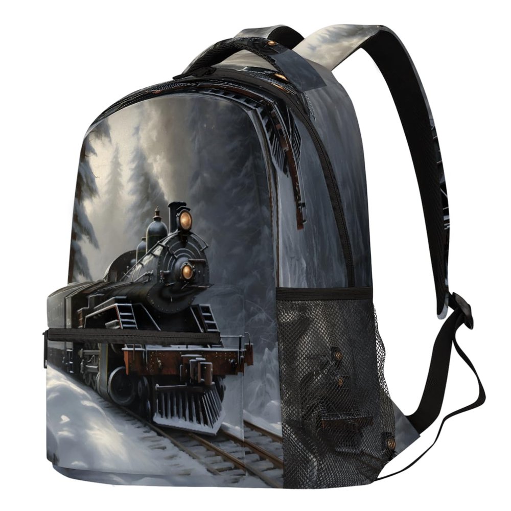 18 In Backpack for Men Women, Winter Forest Old Steam Train Large Capacity Backpack Hiking Travel Laptop Back Pack Casual Daypack
