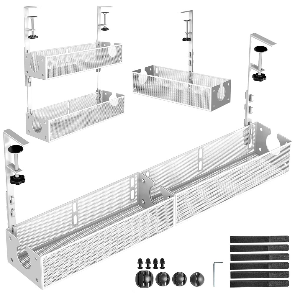 Multi-Model Under Desk Cable Management 2 Pack Metal Under Desk Wire Management Tray Clamp Mount Under Table Cord Management No Damage The DeskWhite