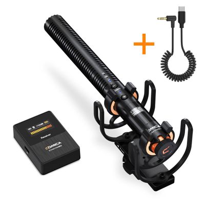COMICA VM30 Shotgun Microphone with CVM-D-UC II 3.5mm TRS to USB-C Audio Output Cable, Wireless Shotgun Mic for USB Type-C Android Phones, iPhone 15 and MacBook