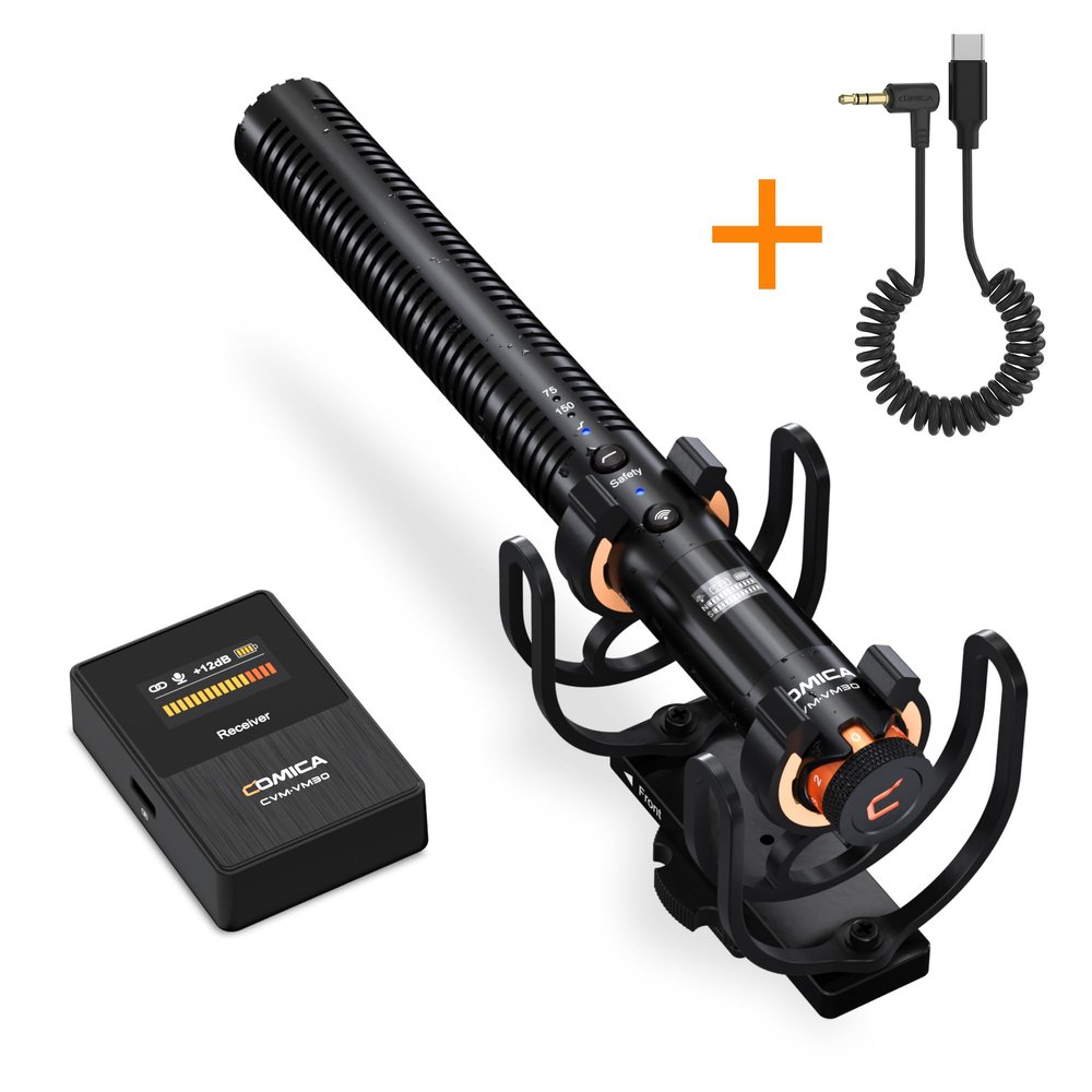 COMICA VM30 Shotgun Microphone with CVM-D-UC II 3.5mm TRS to USB-C Audio Output Cable, Wireless Shotgun Mic for USB Type-C Android Phones, iPhone 15 and MacBook