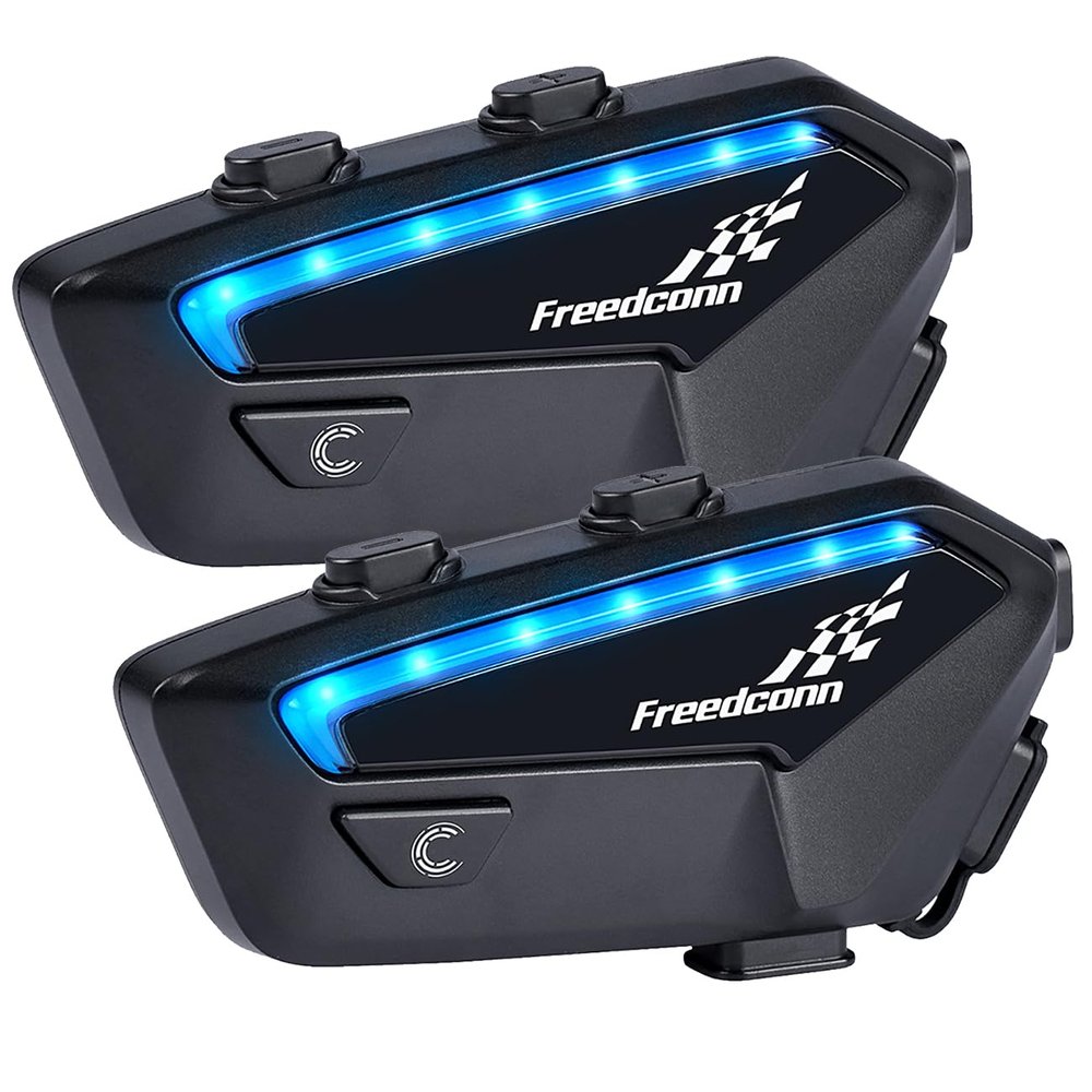 FreedConn FX Motorcycle Helmet Bluetooth Headset with Music Share, 2-10 Riders Universal Motorbike Communication Systems to 1500M with IP67 Waterproof FM, Group Intercom with Hi-FI Speakers, 2 Pack