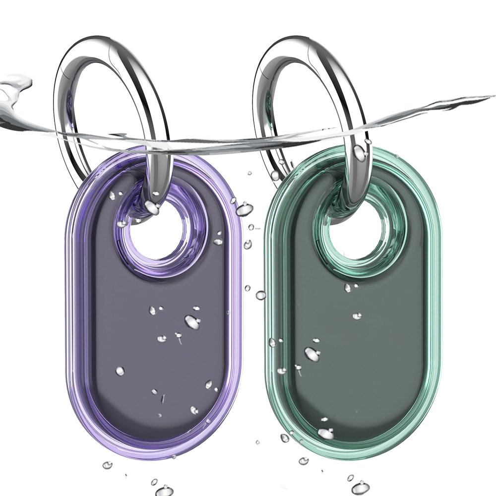 2 Pack Waterproof Compatible with Samsung Galaxy SmartTag2 Holder, TPU GPS Tracker Protective Case for Samsung Tag 2 with Keychain, Anti-Scratch Smart Tag 2 Case (Purple Green)