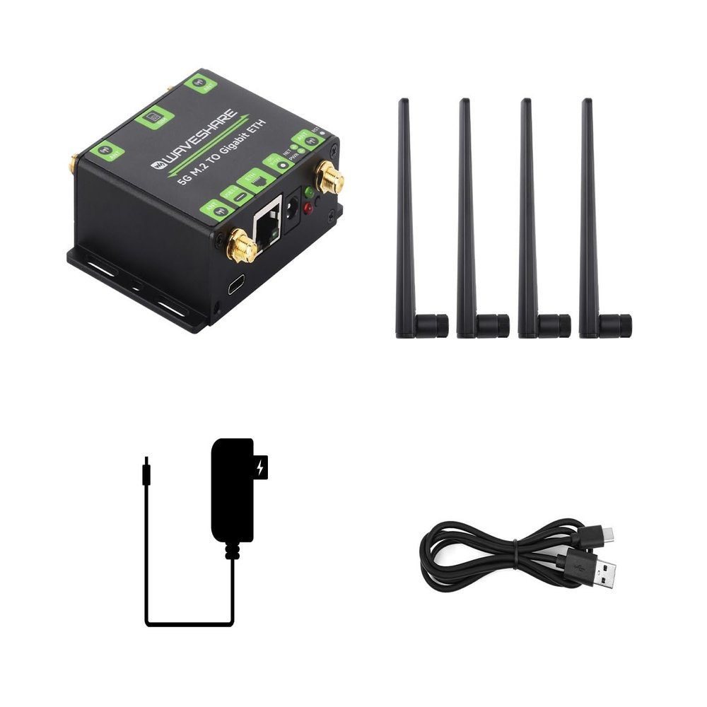 Waveshare 5G M.2 to Gigabit Ethernet Converter, 5G M.2 to USB3.1, Aluminum Alloy Case, Wall-Mount Support, Quad Antennas, Onboard M.2 Key B Interface, USB3.1 Port