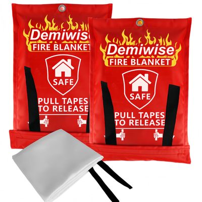 Demiwise 2-Pack Fire Blanket - Large Fiberglass Fire Blanket Fire Suppression Blanket - Fire Blankets Emergency for People - Fire Safety Blanket with Emergency Whistles - Fireblanket for Kitchen, Home