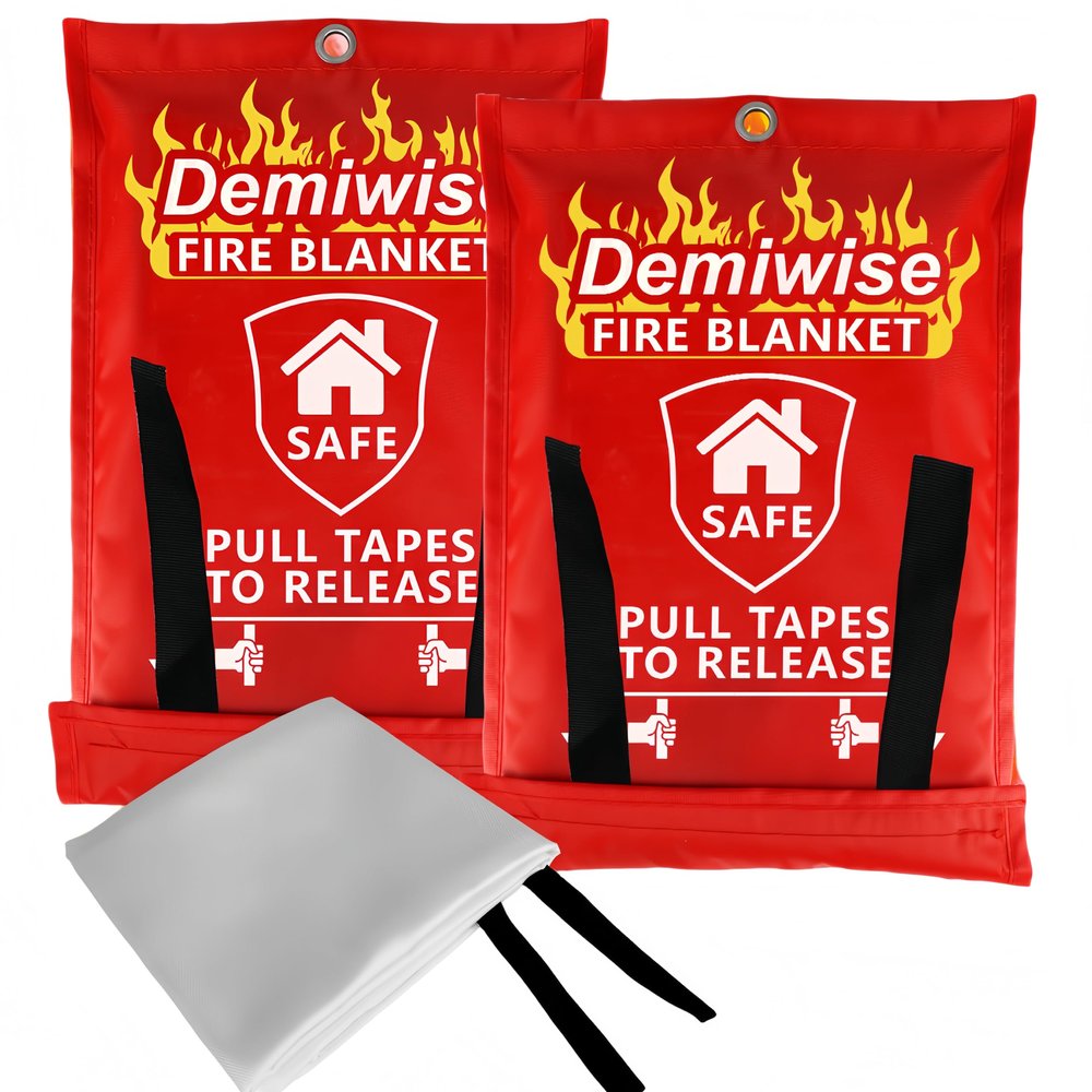 Demiwise 2-Pack Fire Blanket - Large Fiberglass Fire Blanket Fire Suppression Blanket - Fire Blankets Emergency for People - Fire Safety Blanket with Emergency Whistles - Fireblanket for Kitchen, Home