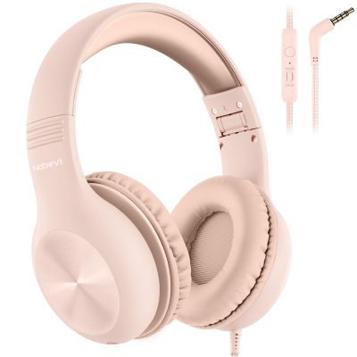 Nabevi Kids Headphones with MIC, Over-Ear Headphones for Kids with Cord, HD Sound, Safe Volume Limit, Sharing Function, Kid Headset for Girls Boys, Toddler Headphone for School, Tablet, Sand Pink
