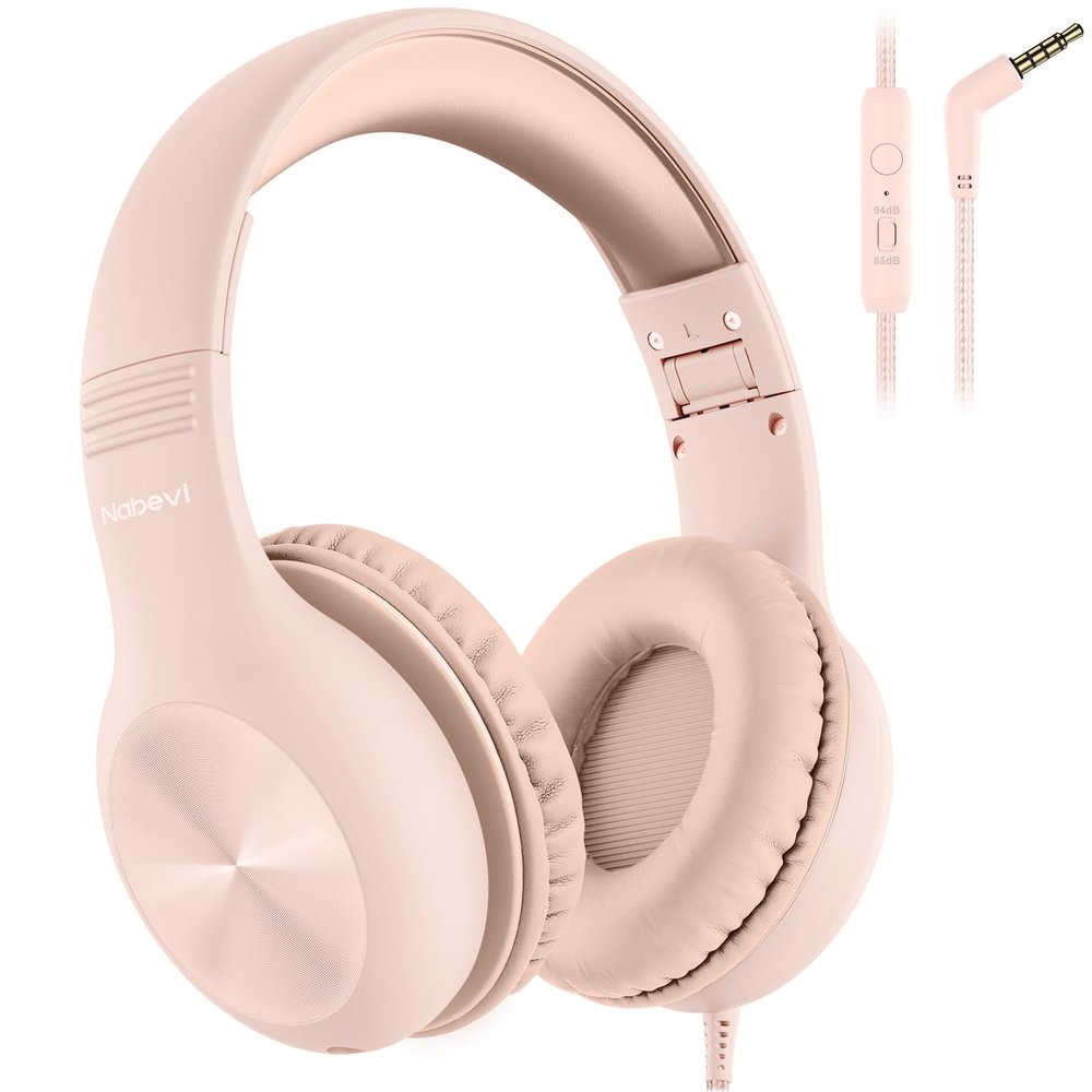 Nabevi Kids Headphones with MIC, Over-Ear Headphones for Kids with Cord, HD Sound, Safe Volume Limit, Sharing Function, Kid Headset for Girls Boys, Toddler Headphone for School, Tablet, Sand Pink