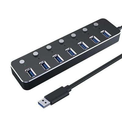Aluminum 7-Port USB 3.0 Hub 120cm Cable Sub-Control Switch 5Gbps LED Indicator HUB Chargeable Splitter for Multi USB Devices (Color : Silver) (Black)