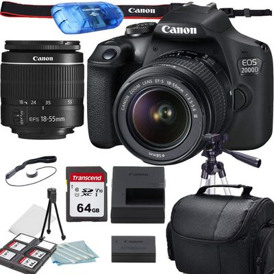 Canon EOS 2000D (Rebel T7) DSLR Camera with EF-S 18-55mm f/3.5-5.6 DC III Lens +64 GB High Speed Memory, Camera Shoulder Bag, Accessory Bundle (Renewed)