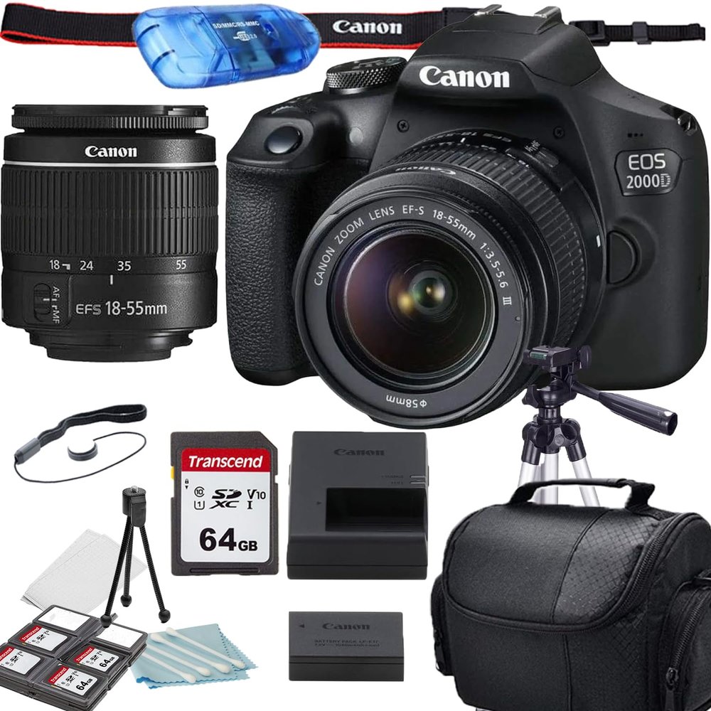 Canon EOS 2000D (Rebel T7) DSLR Camera with EF-S 18-55mm f/3.5-5.6 DC III Lens +64 GB High Speed Memory, Camera Shoulder Bag, Accessory Bundle (Renewed)