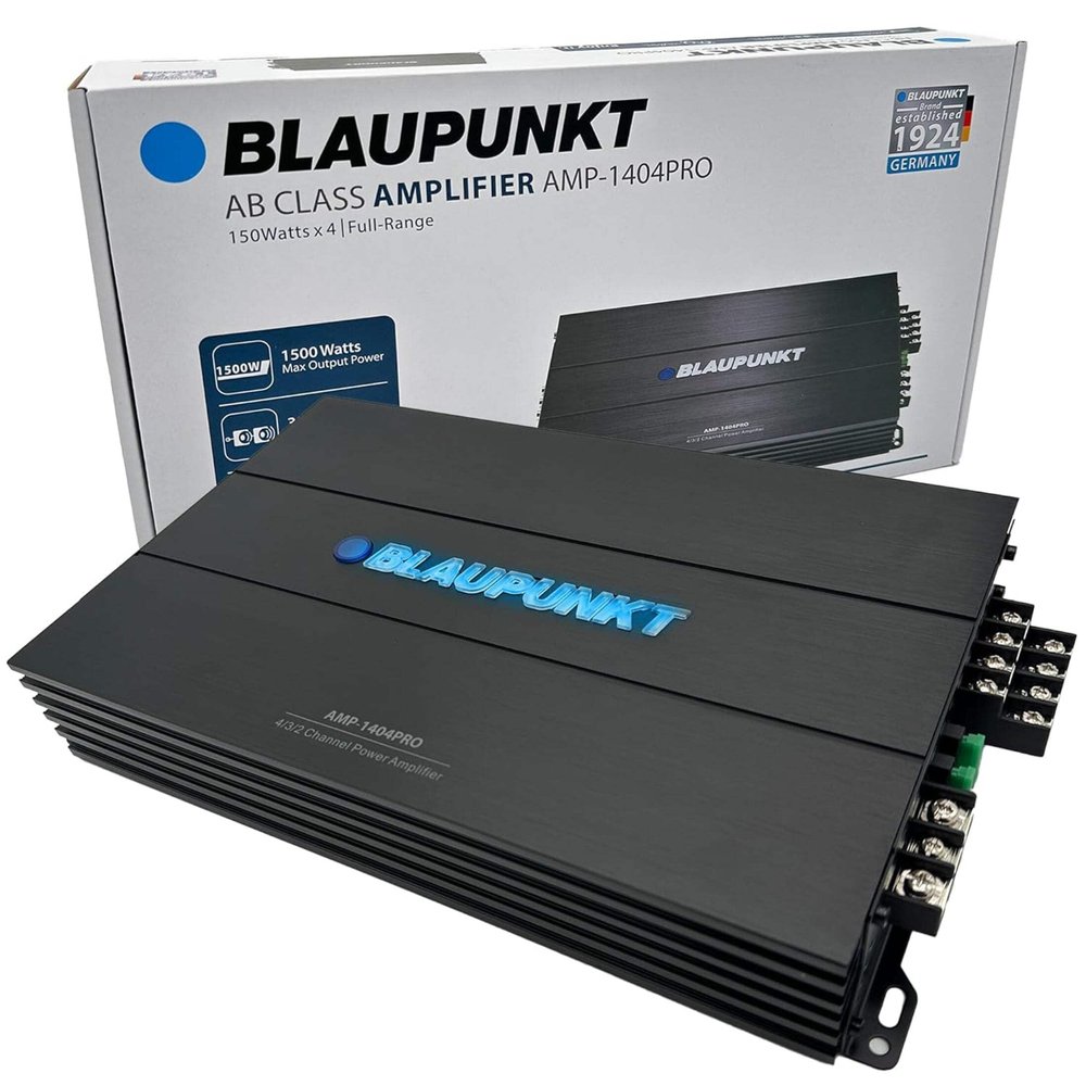 Blaupunkt AMP-1404PRO 1500W 4-Channel Amplifier Class AB - MOSFET, High and Low Pass Filters, Slim and Compact Design