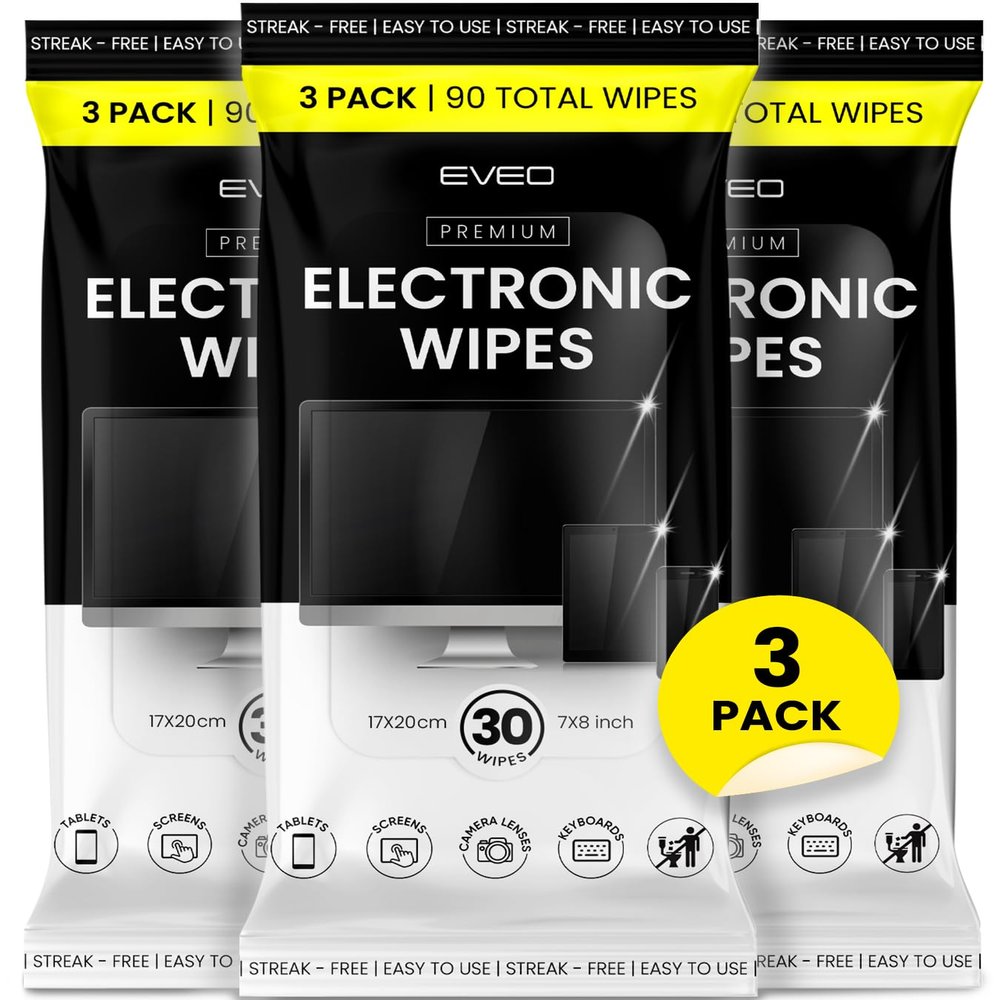 EVEO Electronic Wipes Screen Cleaner - Screen Wipes TV Screen Cleaner Wipes, Computer Screen Wipes, Laptop Screen Cleaner, ipad & Monitor Cleaner, Screen Cleaning Wipes - [90 Wipes + Microfiber Cloth]