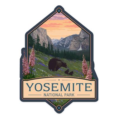 Lantern Press Sticker Yosemite National Park, California, Bears and Spring Flowers, Die Cut Vinyl, (Waterproof Decal for Cars, Water Bottles, Laptops, Coolers), Small