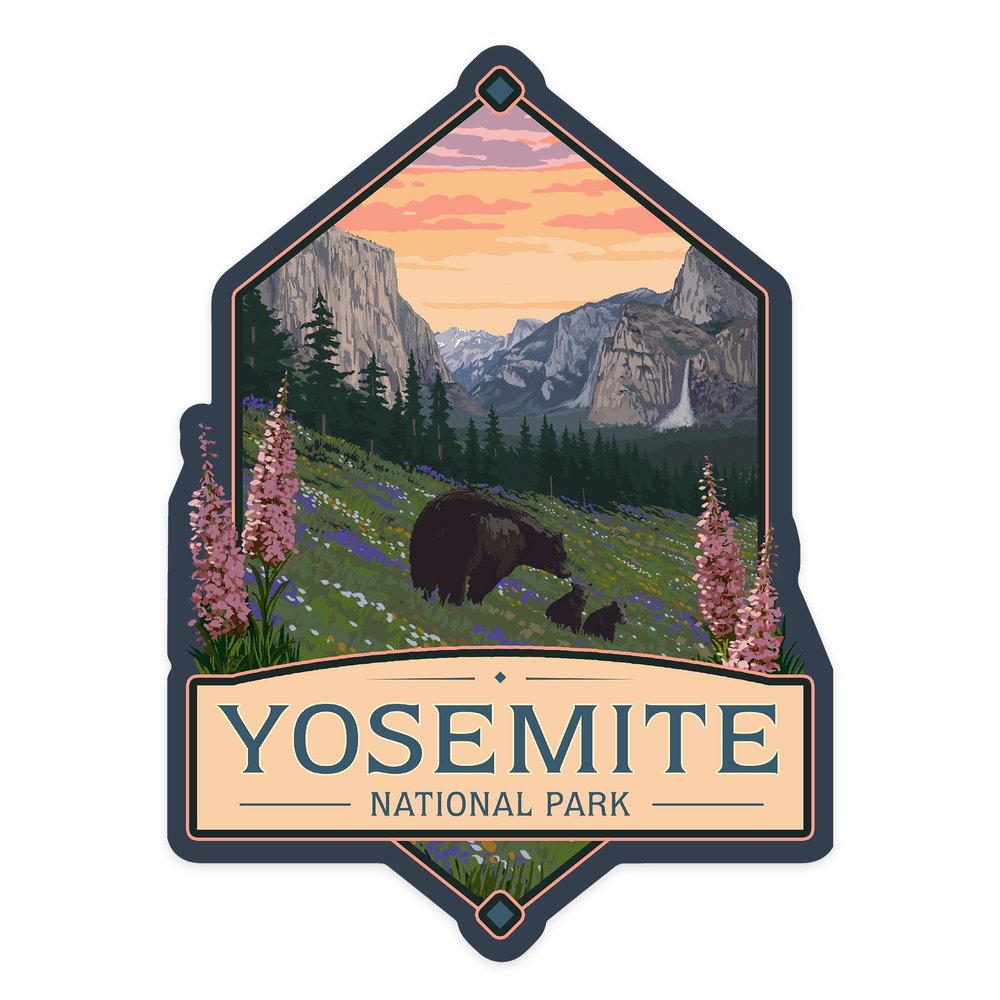 Lantern Press Sticker Yosemite National Park, California, Bears and Spring Flowers, Die Cut Vinyl, (Waterproof Decal for Cars, Water Bottles, Laptops, Coolers), Small
