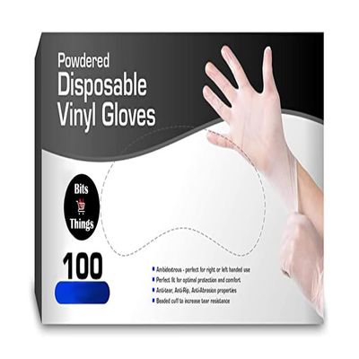 Bits N Things Vinyl Disposable Gloves | Comfortable Latex-Free | Powdered | 100 Count (Medium | MED)