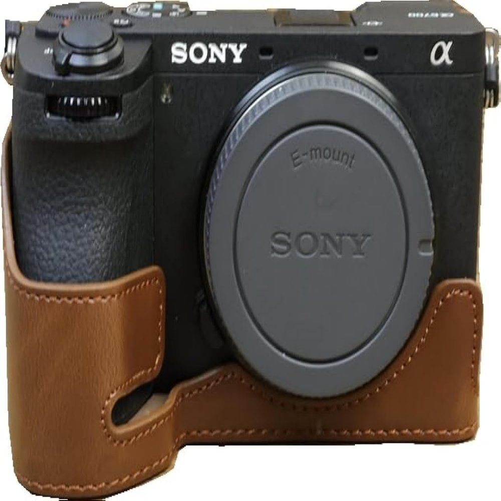 A6700 Case, BMAOLLONGB Handmade PU Leather Half Camera Case Bag Cover Bottom Opening Version for Sony Alpha A6700 with Hand Strap (Coffee)