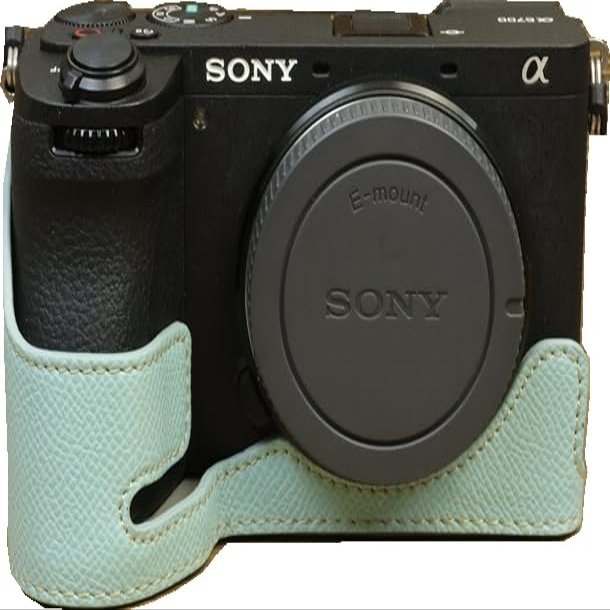 A6700 Case, BMAOLLONGB Handmade PU Leather Half Camera Case Bag Cover Bottom Opening Version for Sony Alpha A6700 with Hand Strap (Blue)