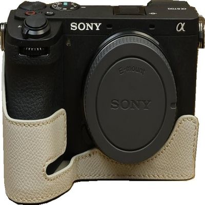 A6700 Case, BMAOLLONGB Handmade PU Leather Half Camera Case Bag Cover Bottom Opening Version for Sony Alpha A6700 with Hand Strap (White)