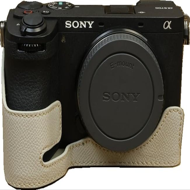 A6700 Case, BMAOLLONGB Handmade PU Leather Half Camera Case Bag Cover Bottom Opening Version for Sony Alpha A6700 with Hand Strap (White)
