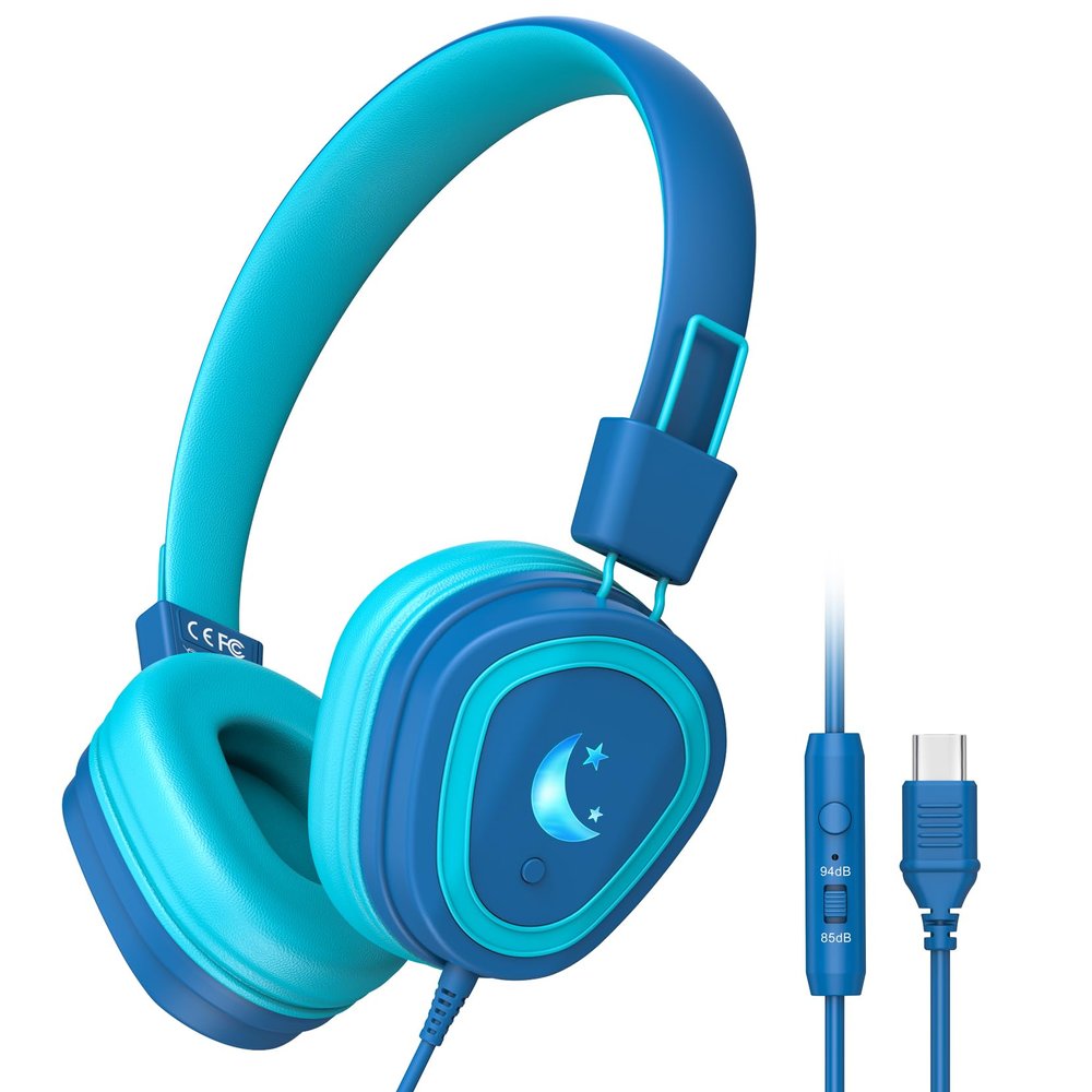 Kids Headphones for School, 2025 Upgrade USB Type C Kids Headphone with Microphone, Wired Boys Girls Headphones with Safe Limiter 85dB/95dB, Foldable On Ear Headphones for School/iPad/Tablets/Travel