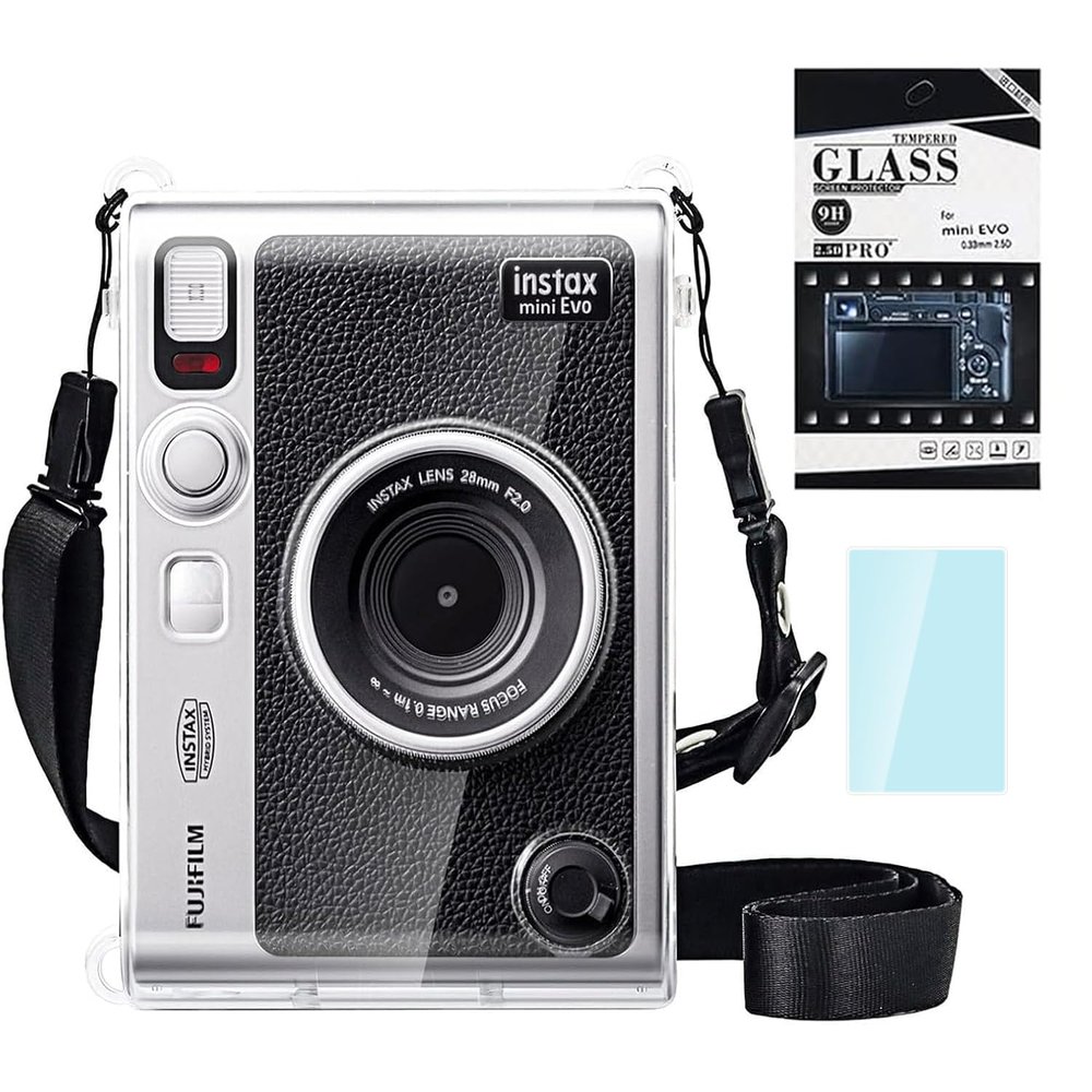 CAIYOULE Camera Case for Instax Mini Evo Case, PC Clear Case for Fujifilm Instant Mini Evo Camera with 9H Hardness Screen Protector, for Polaroid Evo Accessories, No Camera