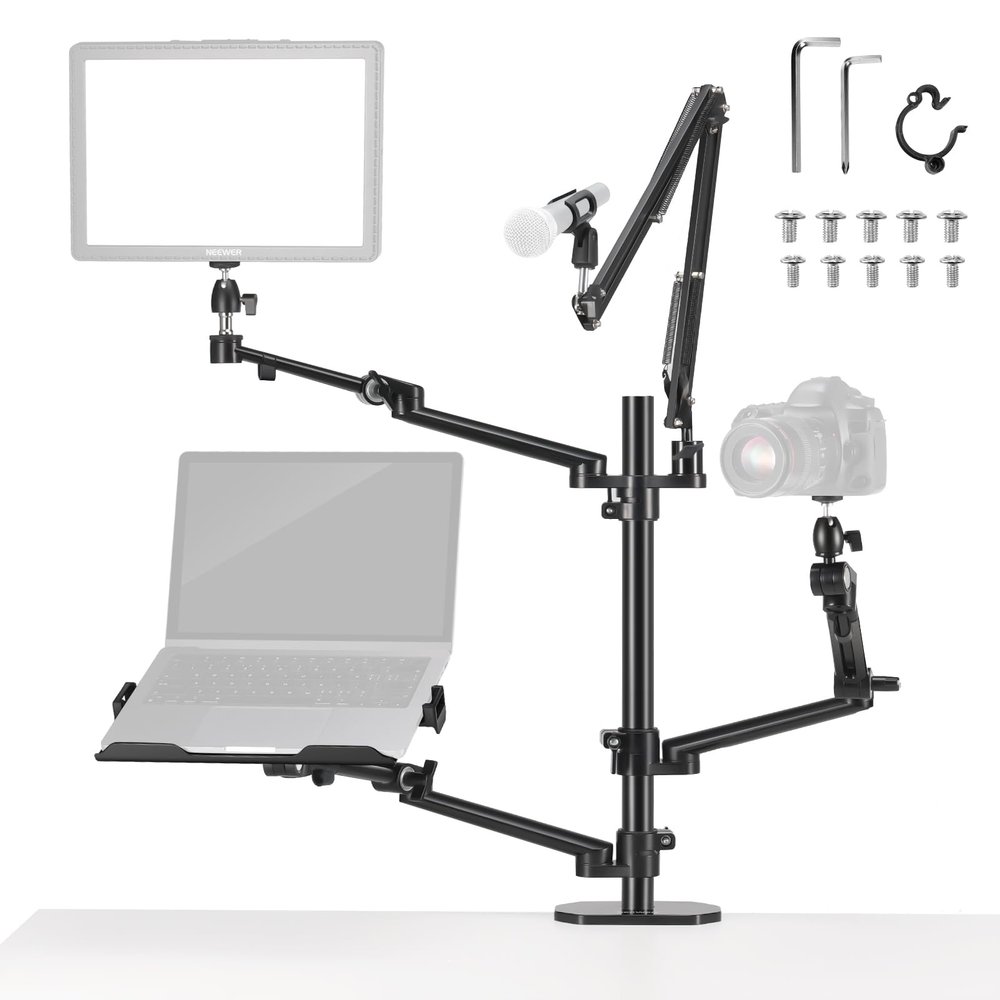 NEEWER Overhead Camera Stand Desk Mount Rig with 4 Boom Arms for Photography Video Light Ring Light Phone Mount Webcam Mic Compact DSLR for Live Streaming Broadcast Online Teaching Meeting, DS007