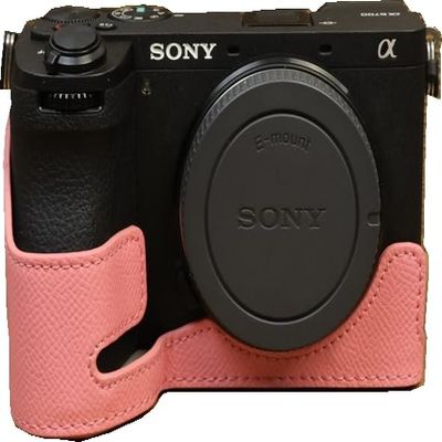 A6700 Case, BMAOLLONGB Handmade PU Leather Half Camera Case Bag Cover Bottom Opening Version for Sony Alpha A6700 with Hand Strap (Pink)