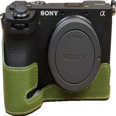 A6700 Case, BMAOLLONGB Handmade PU Leather Half Camera Case Bag Cover Bottom Opening Version for Sony Alpha A6700 with Hand Strap (Green-B)