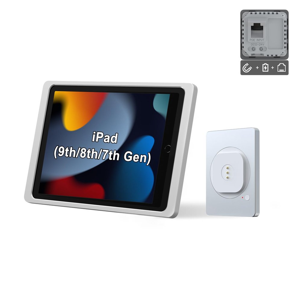 EMONITA Magnetic Wall Mount with Charging Case A7 for iPad (9th / 8th / 7th Generation) 10.2-Inch. PoE and DC up to 18W Quick Charge, Strong Magnets, 360 Rotation