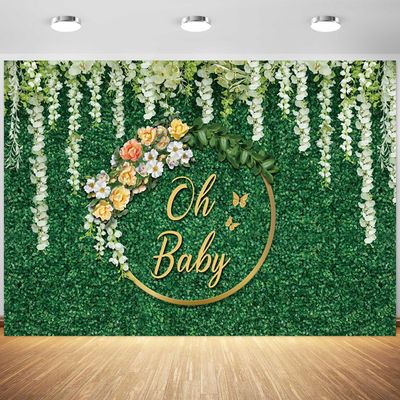 15x10ft Greenery Baby Shower Backdrop Green Leaf Grass Wall White Flower Photography Background Oh Baby Party for Girl or Boy Cake Table Decorations Supplies Photo Booth Props