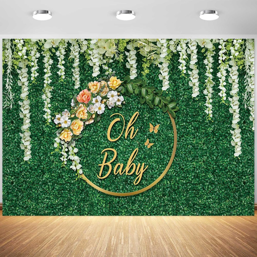 15x10ft Greenery Baby Shower Backdrop Green Leaf Grass Wall White Flower Photography Background Oh Baby Party for Girl or Boy Cake Table Decorations Supplies Photo Booth Props