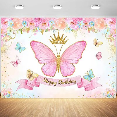 15x10ft Butterfly Happy Birthday Backdrop for Girls Pink Gold Flower Photography Background Princess Birthday Party Cake Table Banner Decorations Supplies Photo Booth Props