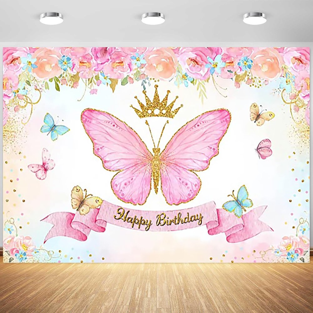 15x10ft Butterfly Happy Birthday Backdrop for Girls Pink Gold Flower Photography Background Princess Birthday Party Cake Table Banner Decorations Supplies Photo Booth Props