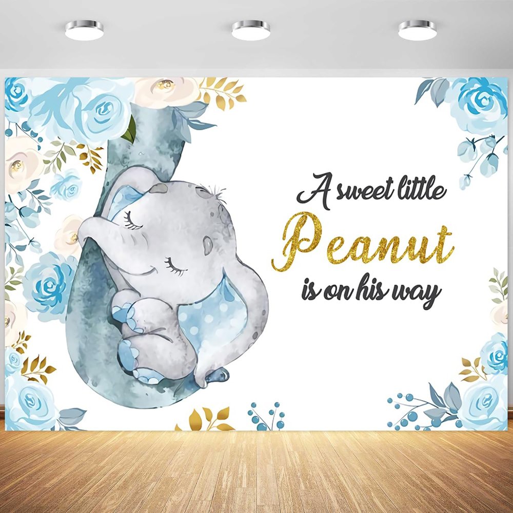15x10ft Blue Elephant Backdrop Baby Boy Shower Photography Background A Little Peanut is On The Way Banner Flowers Baby Shower Party Decorations Supplies Photo Booth Props