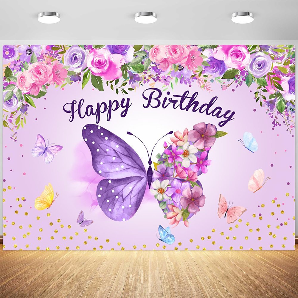 10x6.5ft Butterfly Happy Birthday Backdrop Purple Butterfly Flowers Photography Background for Girls Women Birthday Party Cake Table Banner Decorations Supplies Photo Booth Props
