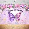 10x6.5ft Butterfly Happy Birthday Backdrop Purple Butterfly Flowers Photography Background for Girls Women Birthday Party Cake Table Banner Decorations Supplies Photo Booth Props view 1