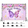 10x6.5ft Butterfly Happy Birthday Backdrop Purple Butterfly Flowers Photography Background for Girls Women Birthday Party Cake Table Banner Decorations Supplies Photo Booth Props view 2