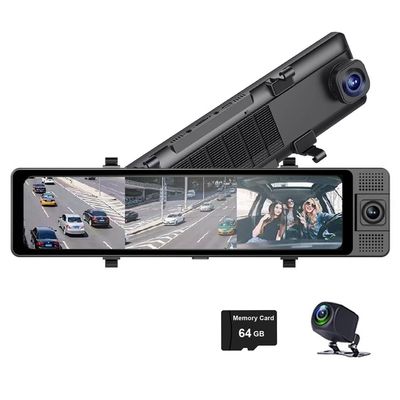 XRC TECH 3CHs 2K+1080P+1080P IPS Touch Screen Car Rearview Mirror Dash Cam Front and Rear and Inside 180Adjustable Interior Lens Video Recorder with WiFi View Car DVR with 64GB TF Card
