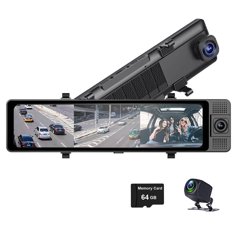 XRC TECH 3CHs 2K+1080P+1080P IPS Touch Screen Car Rearview Mirror Dash Cam Front and Rear and Inside 180Adjustable Interior Lens Video Recorder with WiFi View Car DVR with 64GB TF Card